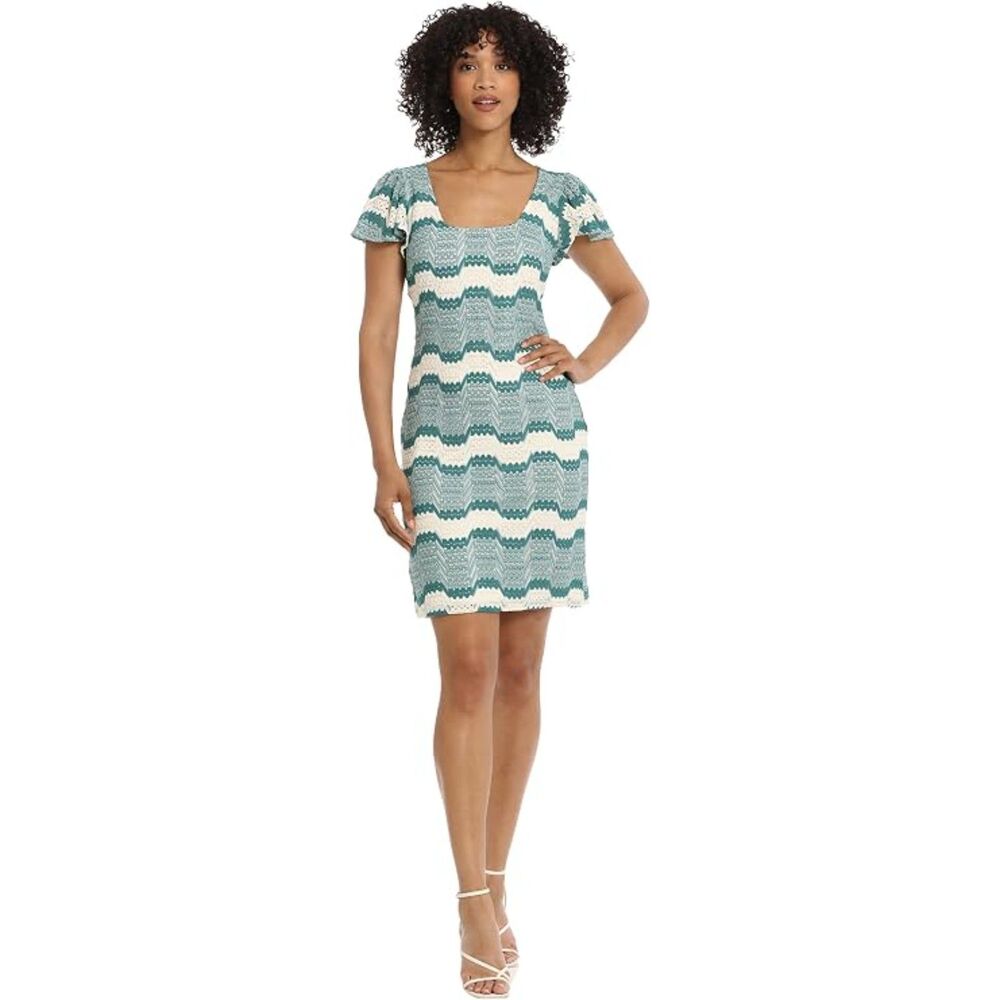 Maggy London Teal Ivory Crochet Knit Stripe Sheath Dress Size 10